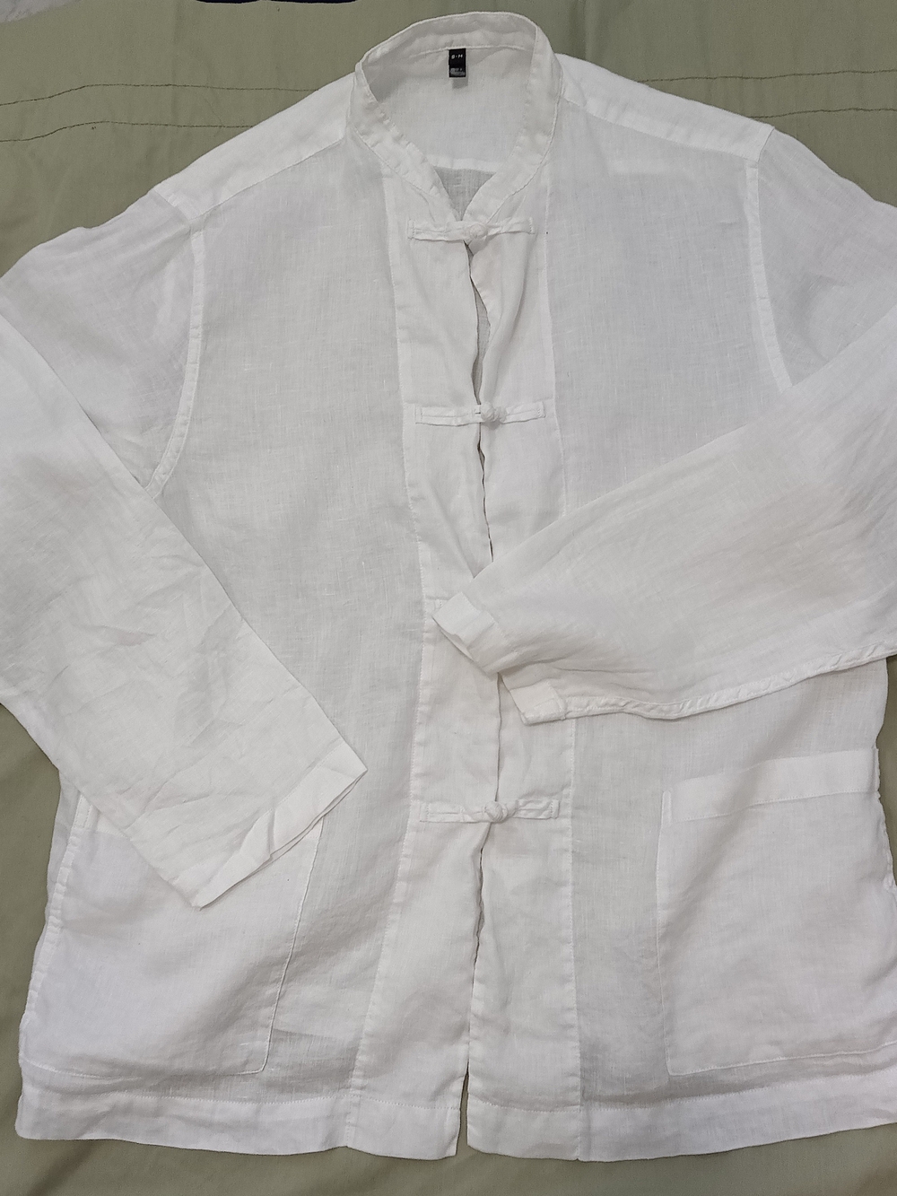 Muji White French Linen Casual Mandarin Frog Toggle Closure Unisex Shirt